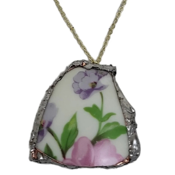 Hand Crafted Jewelry - 14k Gold Broken China Violet Porcelain Necklace